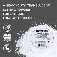 Closeup of Mehron Colorset Powder jar showing texture for ultra-matte finish on makeup