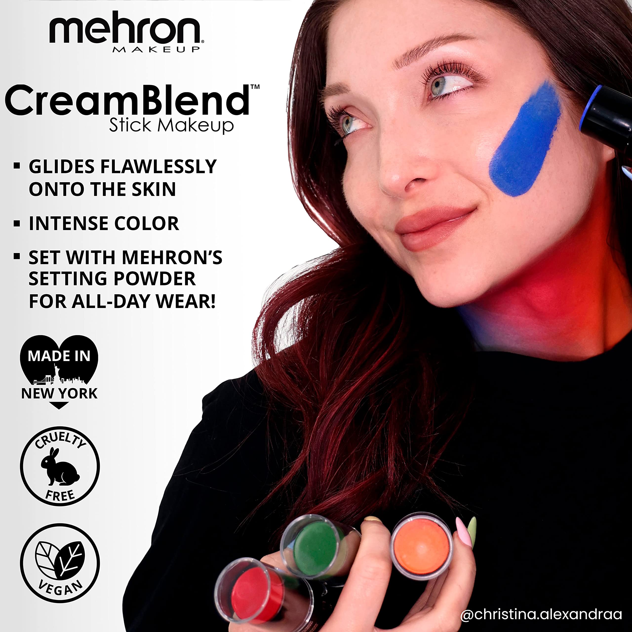 Mehron CreamBlend Stick body art in red highlights versatile long-wearing color.