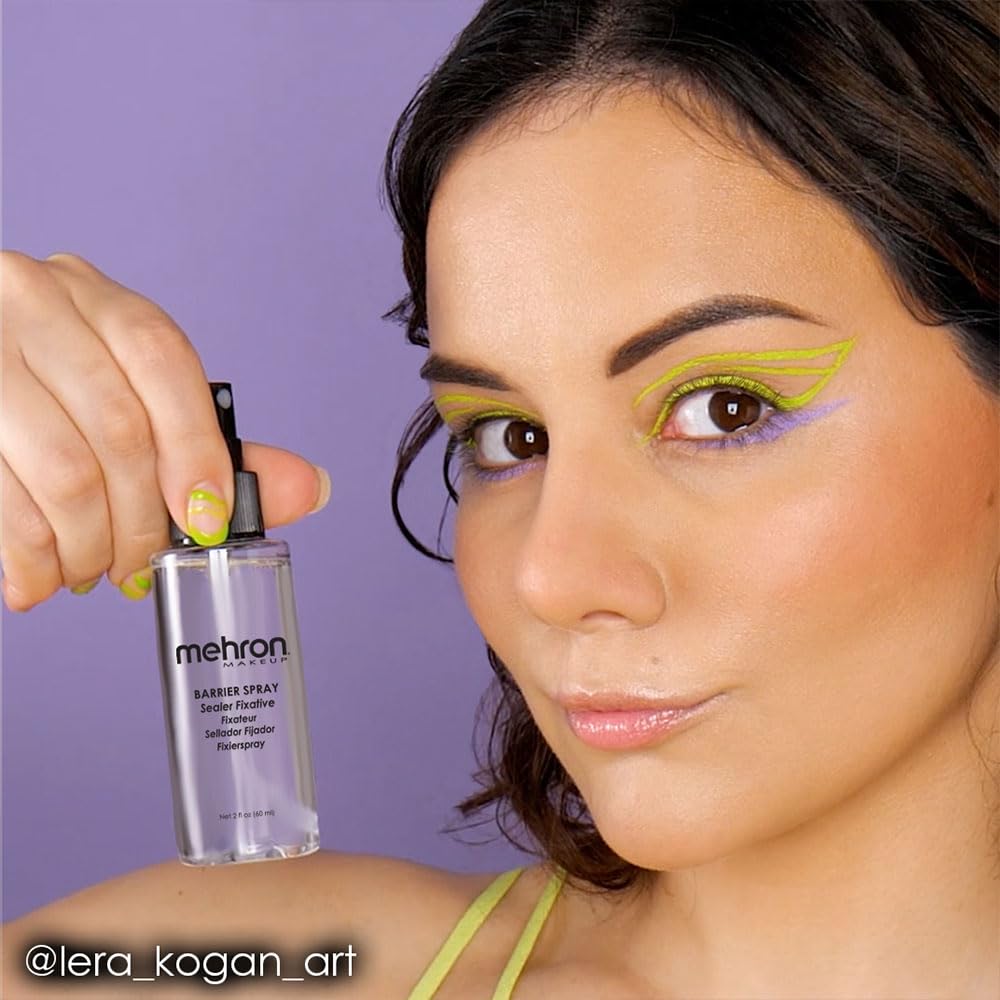 Mehron Makeup Barrier Spray before makeup use acts as a protective base for sensitive skin.