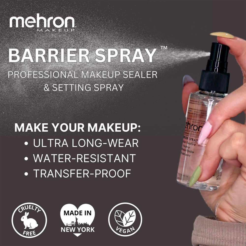 Mehron Makeup Barrier Spray on-stage lighting scene implies transfer-proof performance.