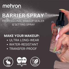 Mehron Makeup Barrier Spray on-stage lighting scene implies transfer-proof performance.