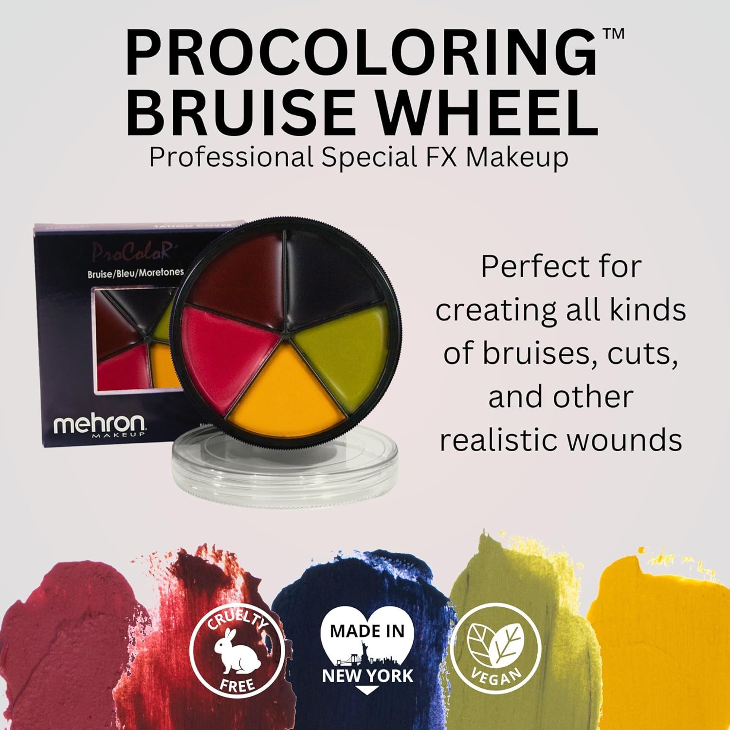 Mehron PRO FX Bruise Wheel on face demonstrates bruising stages and shading realism