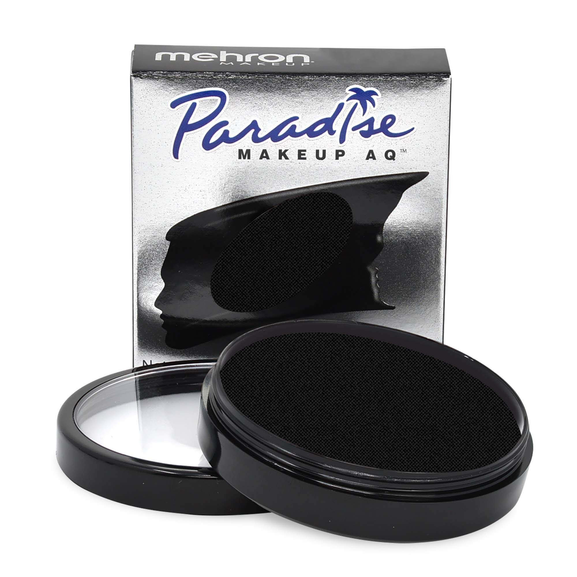 Mehron Paradise Makeup AQ Pro Black bottle showcases water-activated formula for stage color.
