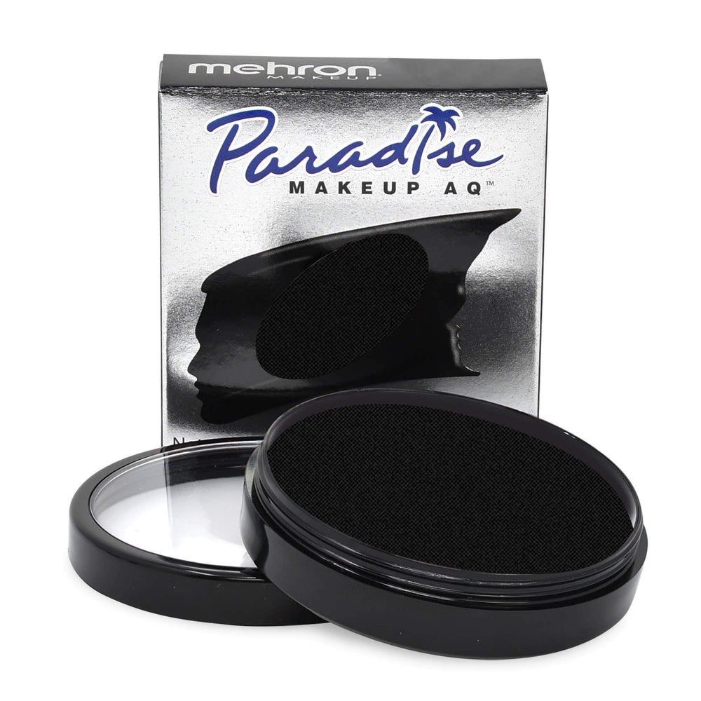 Mehron Paradise Makeup AQ Pro Black bottle showcases water-activated formula for stage color.