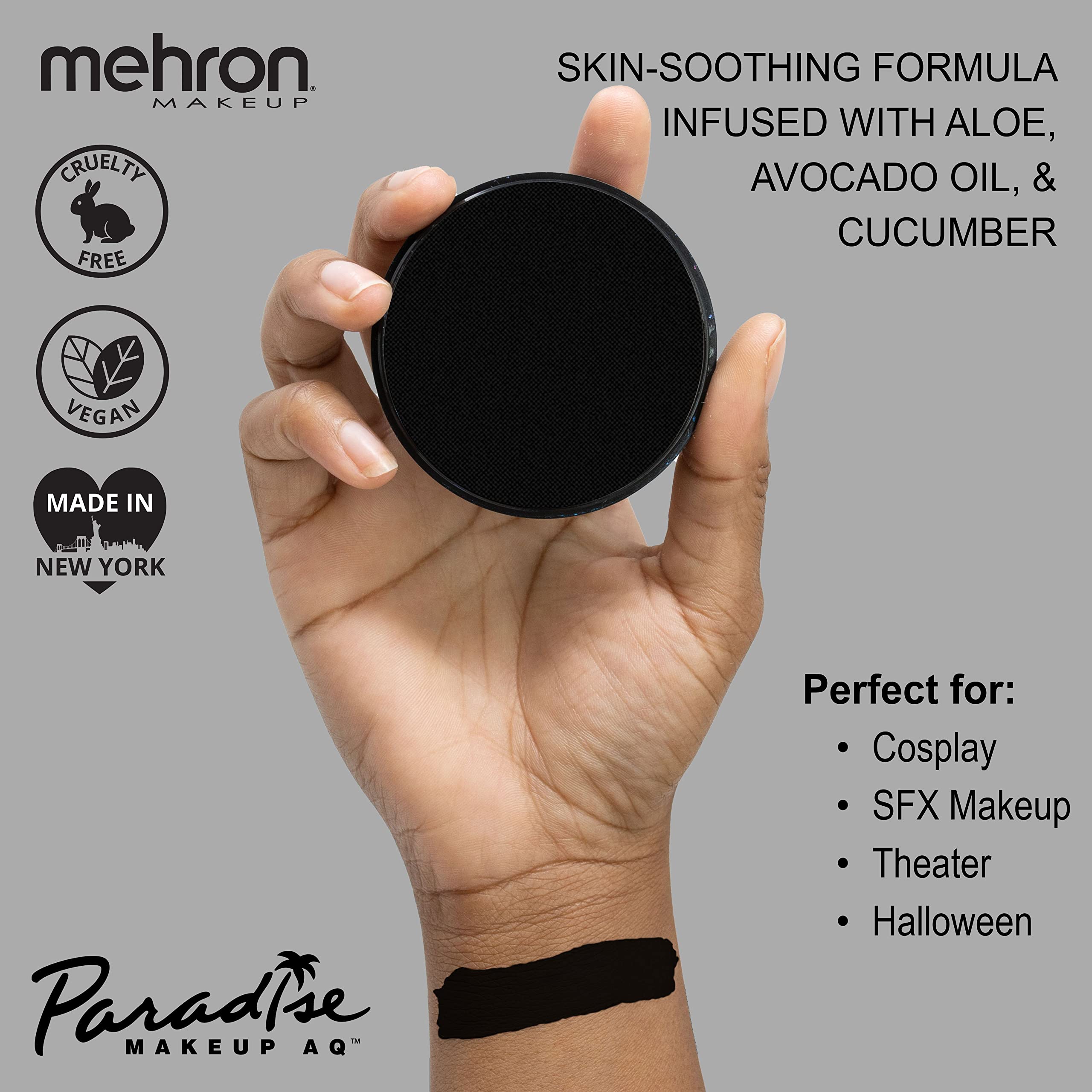 Mehron Paradise Makeup AQ Pro Black swatches reveal rich pigment payoff for body painting.