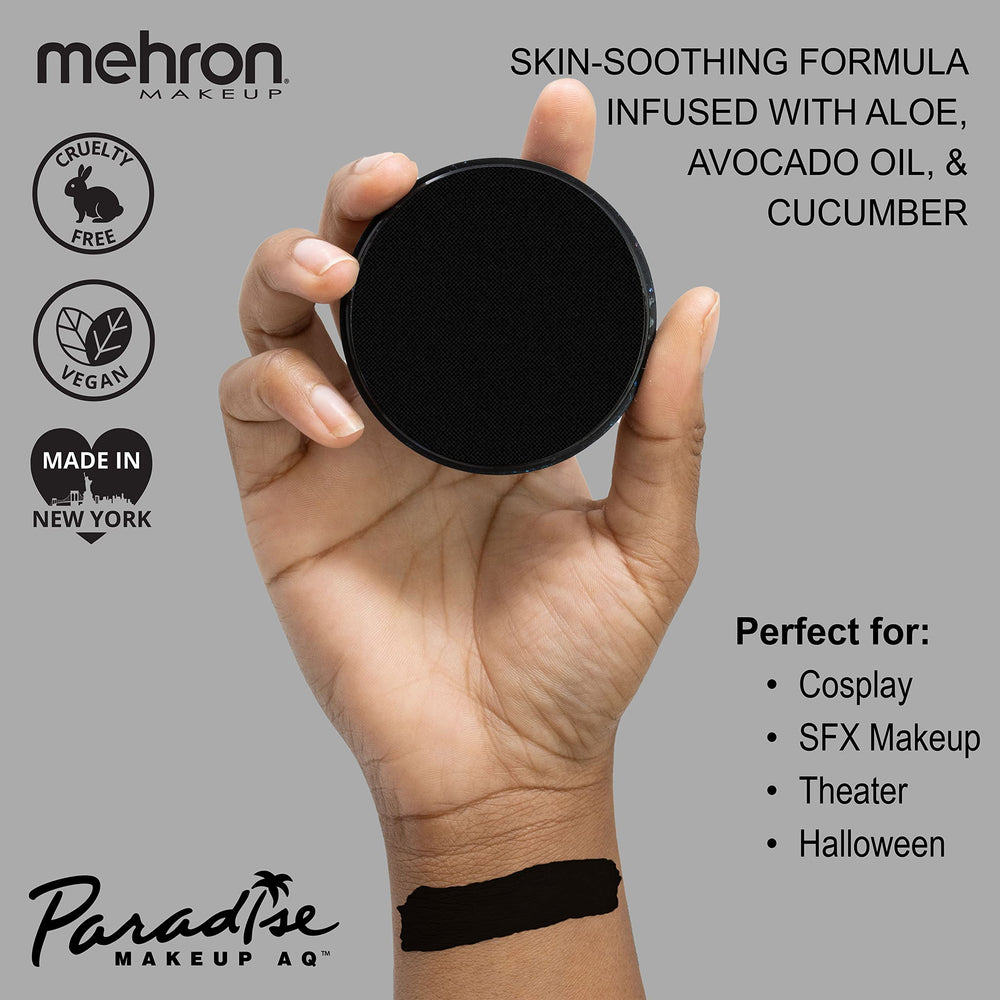 Mehron Paradise Makeup AQ Pro Black swatches reveal rich pigment payoff for body painting.