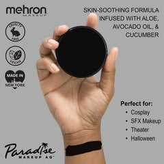 Mehron Paradise Makeup AQ Pro Black swatches reveal rich pigment payoff for body painting.