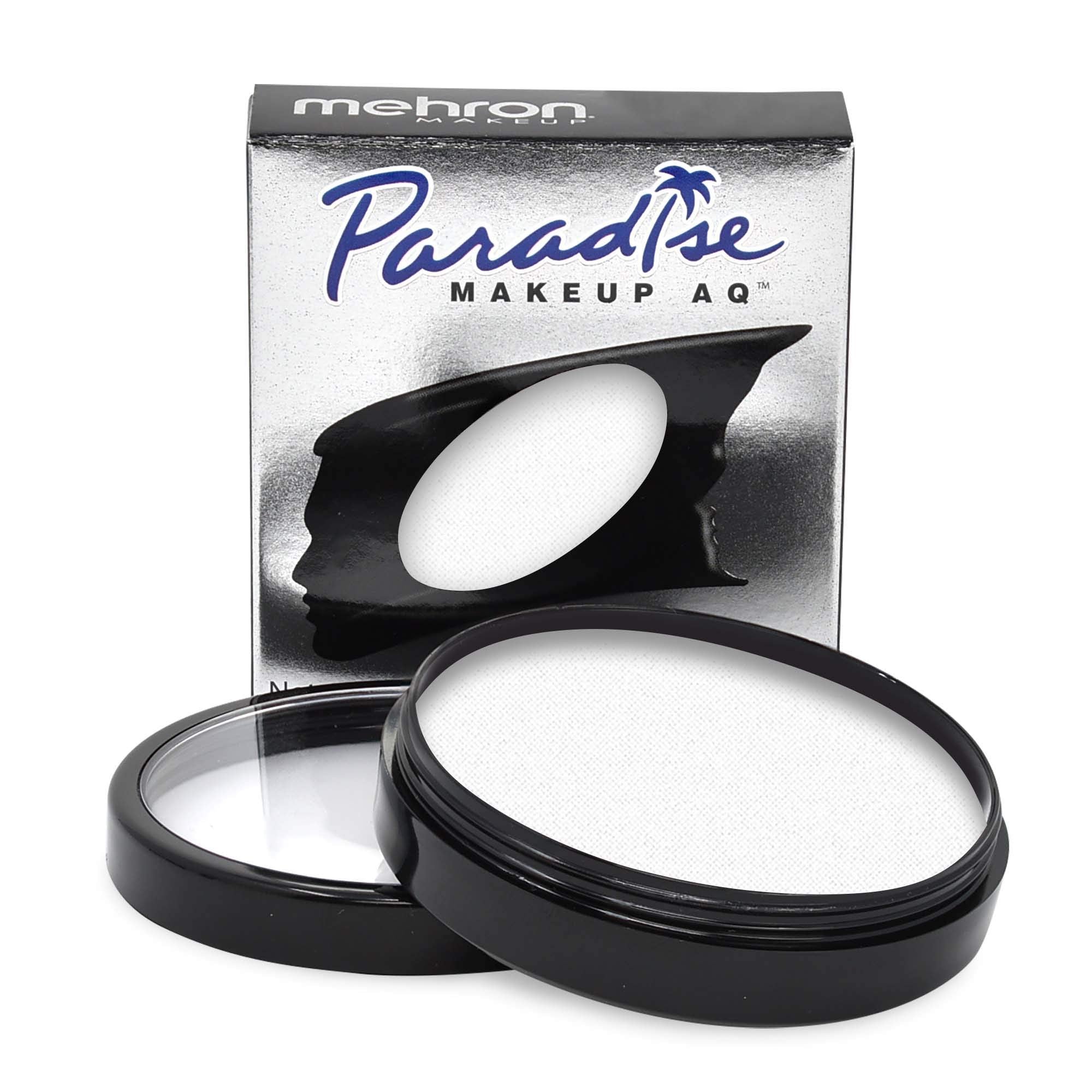 Mehron Paradise Makeup AQ white bottle closeup showing rich stage-ready color