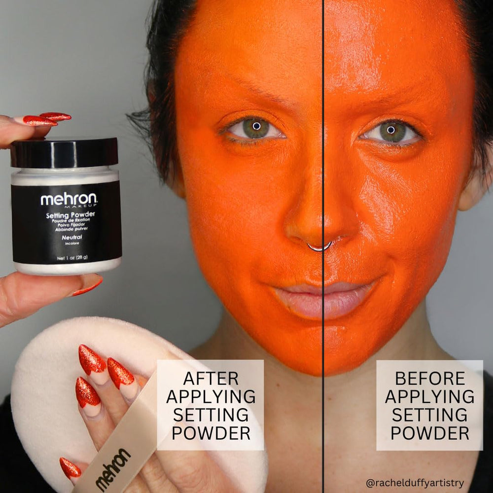 Mehron setting powder application puff demonstrates easy, even pressing to absorb moisture.