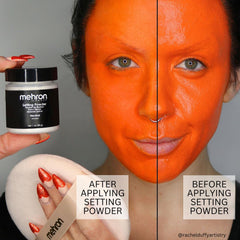 Mehron setting powder application puff demonstrates easy, even pressing to absorb moisture.