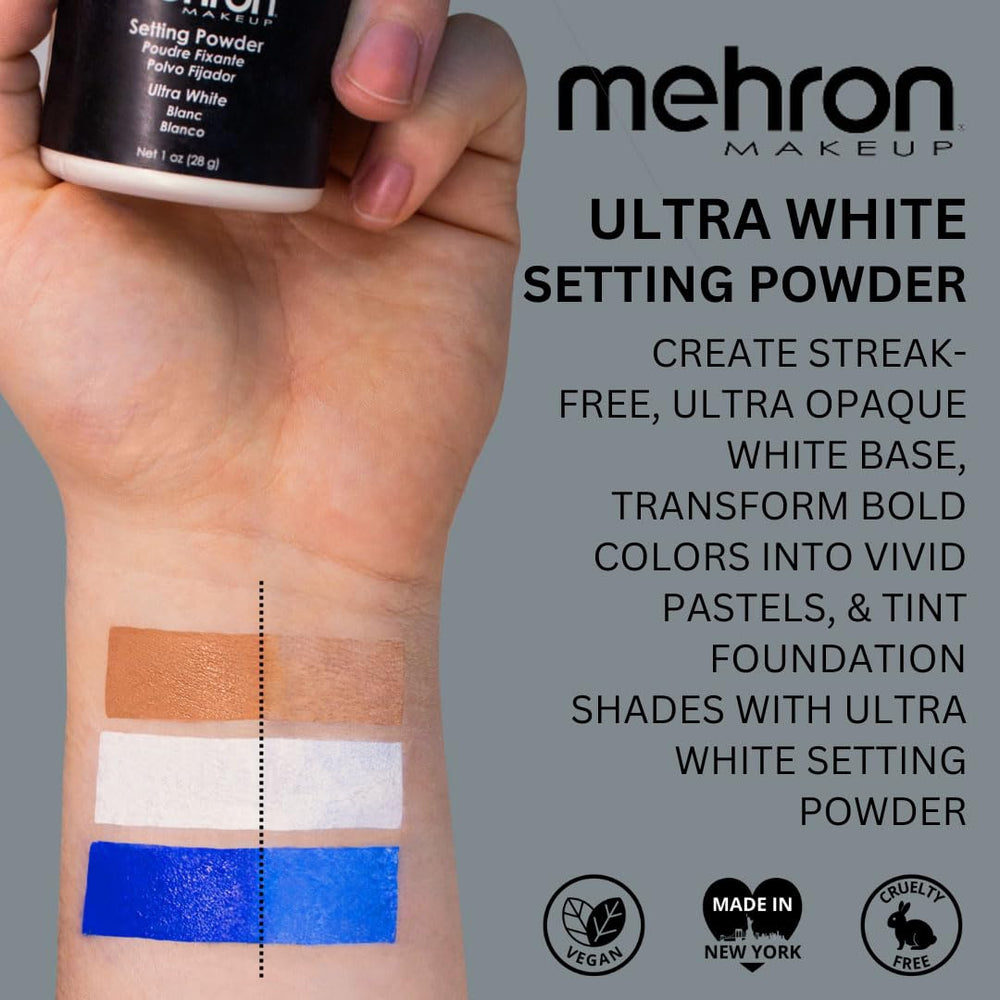 Compact 1oz Mehron setting powder packaging for travel