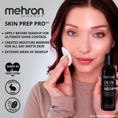 Mehron Skin Prep Pro texture close-up shows clear, fragrance-free toner for makeup prep.
