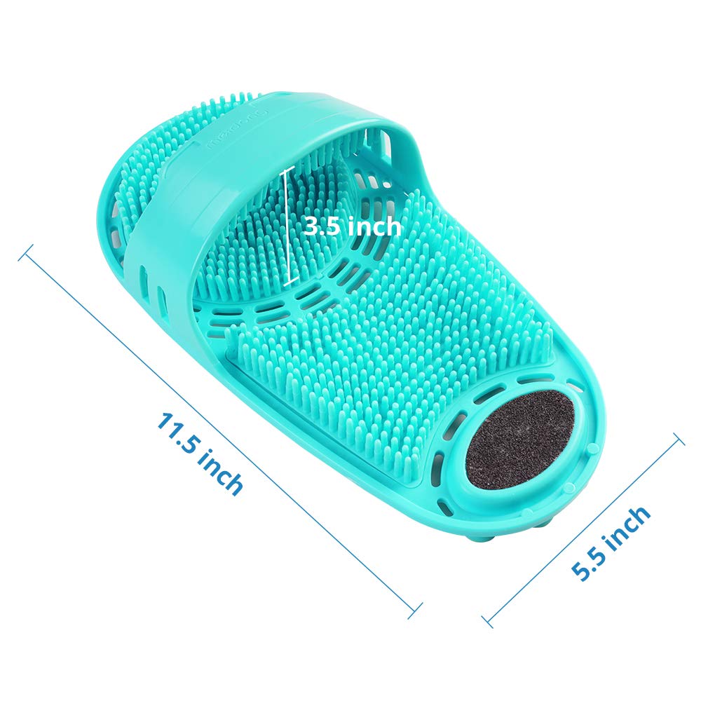Meidong foot scrubber in shower use, close-up bristles for exfoliation.