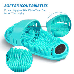 Meidong silicone shower foot scrubber green, back view, compact design.