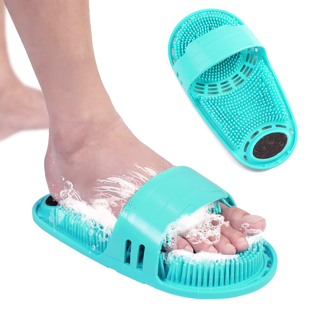 Meidong silicone shower foot scrubber green, front view, soft foot cleansing.