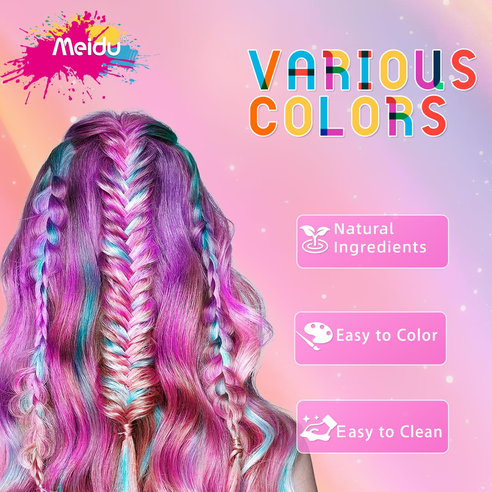 Meidu hair chalk color swatch close-up showing vivid hues for creative styling