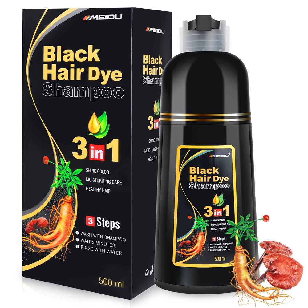 MEIDU Shampoo Shop black hair dye 3-in-1 covers gray hair with natural shimmer.
