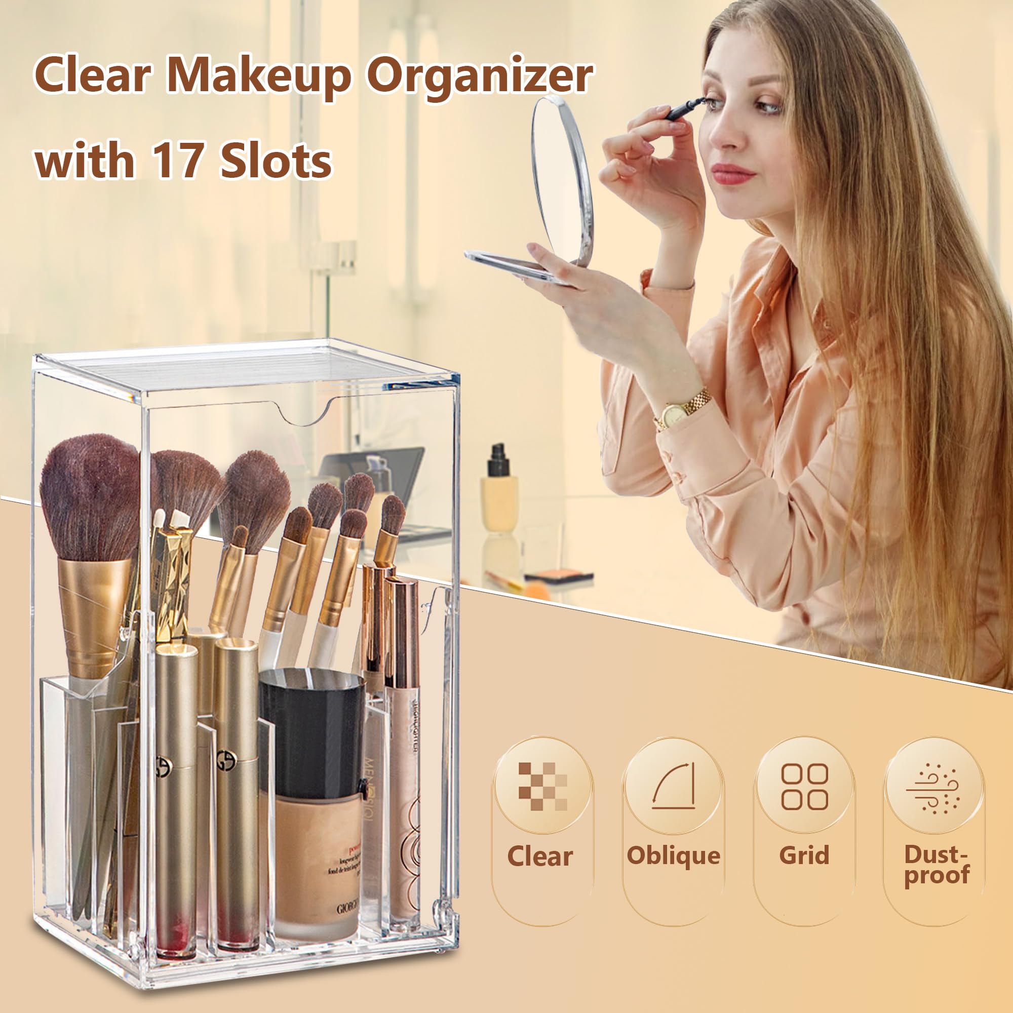 Meifannao makeup brush holder lid closed view shows dustproof protection.