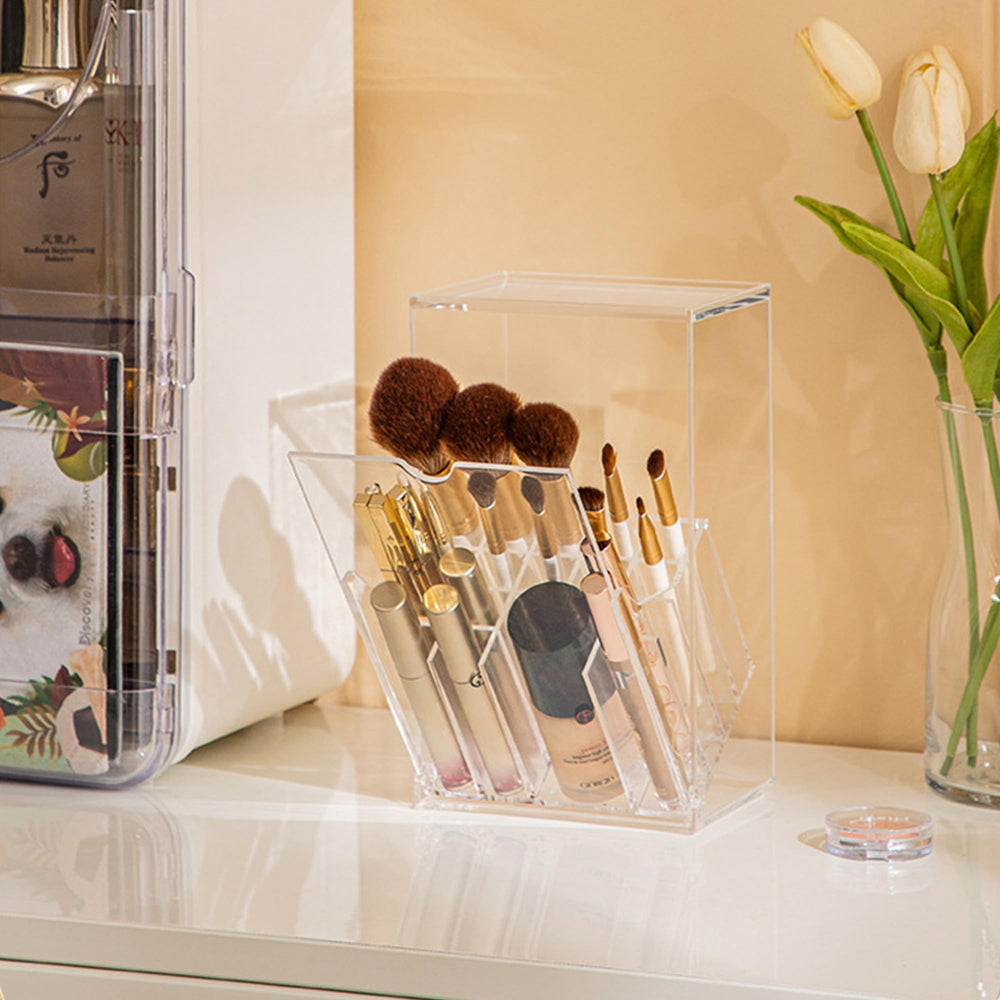 Meifannao makeup brush holder on a stylish vanity setup.