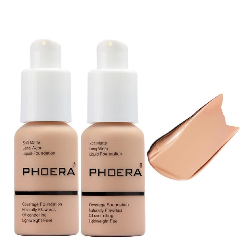 Meifen Phoera Foundation 2-pack packaging shows sturdy bottles for on-the-go coverage.