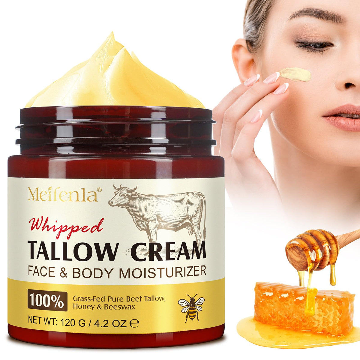 Meifenla beef tallow jar closeup, rich texture for deep hydration.