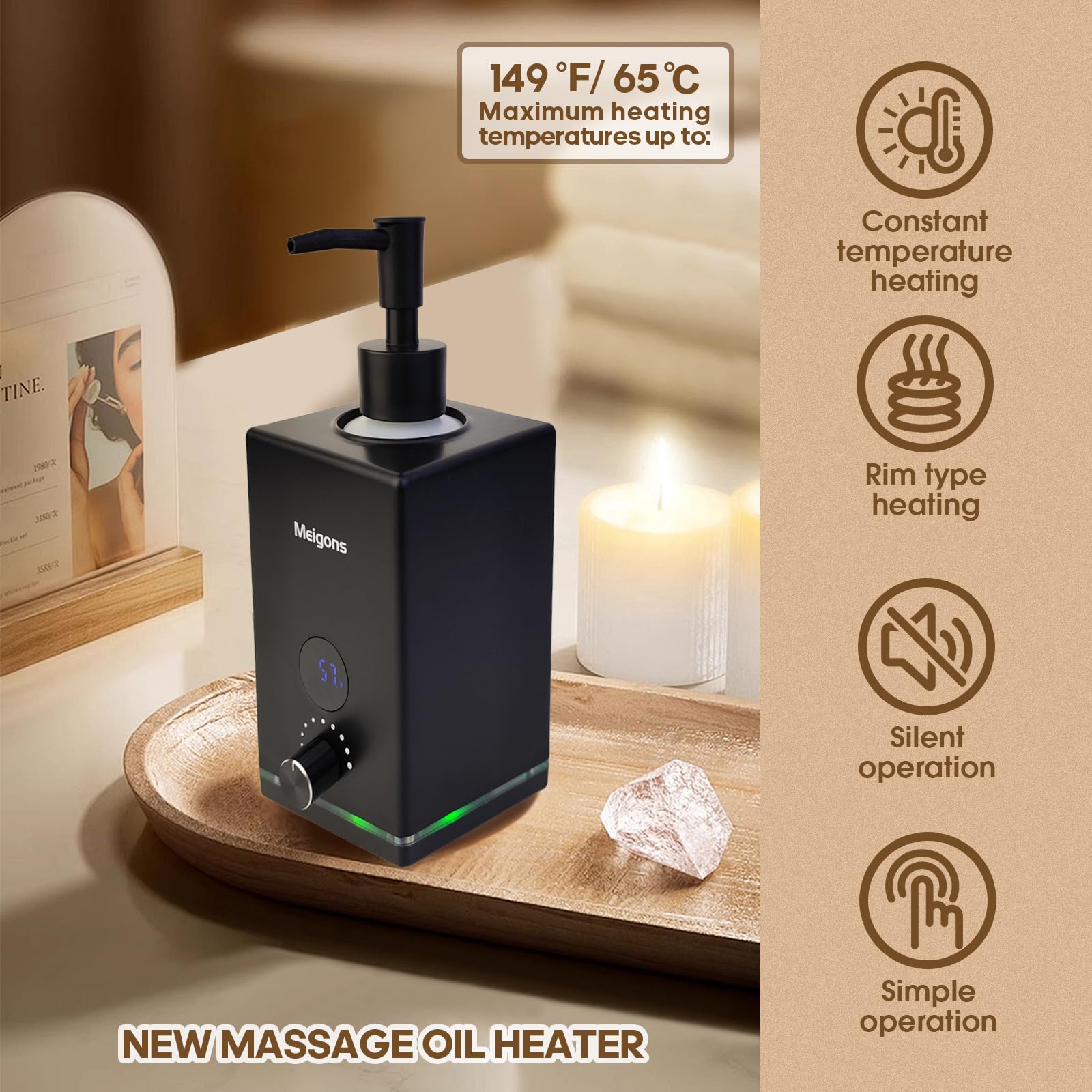 Meigons oil warmer black two-bottle dispensers demonstrate easy warming setup.