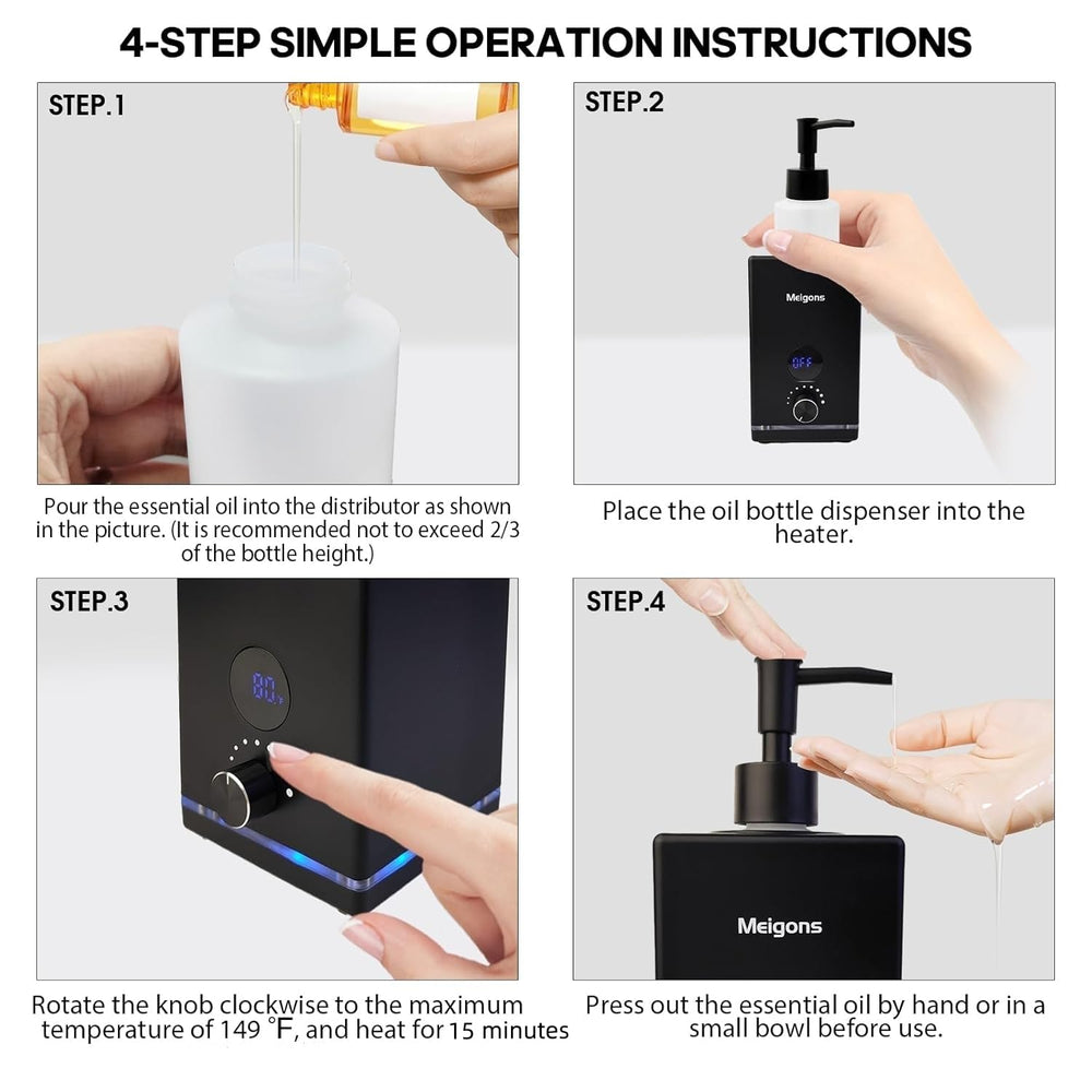 Meigons oil warmer thermostat control shows adjustable temperature range for oils.