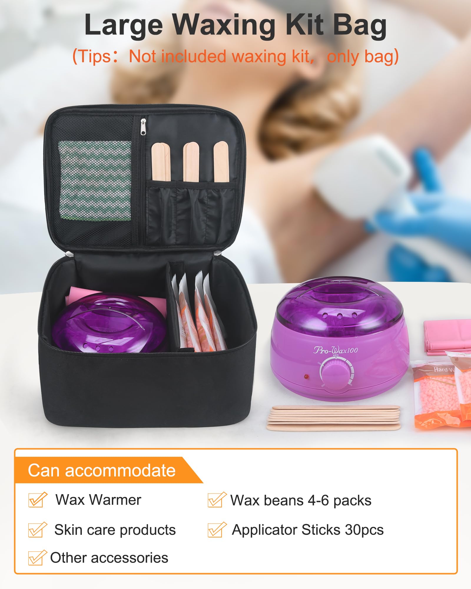 Meiiy waxing kit bag compartments demonstrate organized storage for wax, tools, skincare