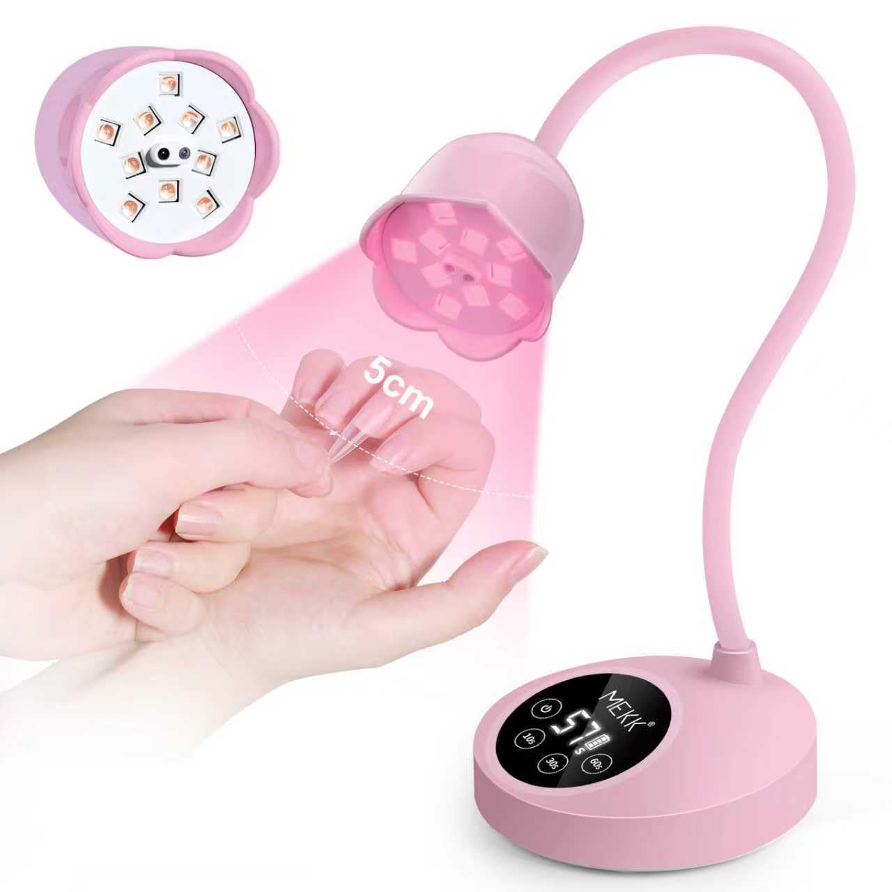 MEKK Gooseneck UV Nail Lamp front view in pink for cordless gel nail curing