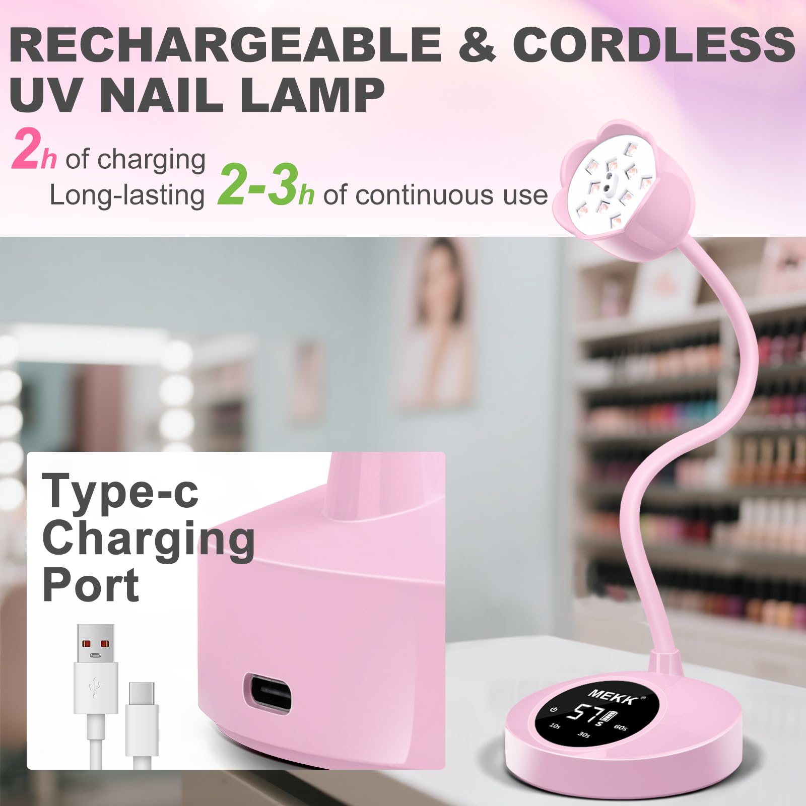 MEKK Gooseneck UV Nail Lamp rechargeable cordless design in pink travel-ready