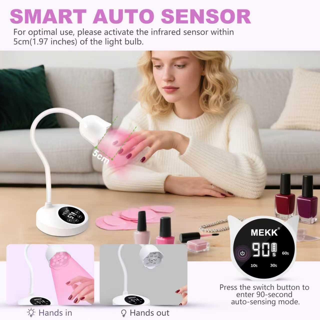 MEKK Gooseneck UV Nail Lamp shows 10s, 30s, 60s timers for flexible styling.