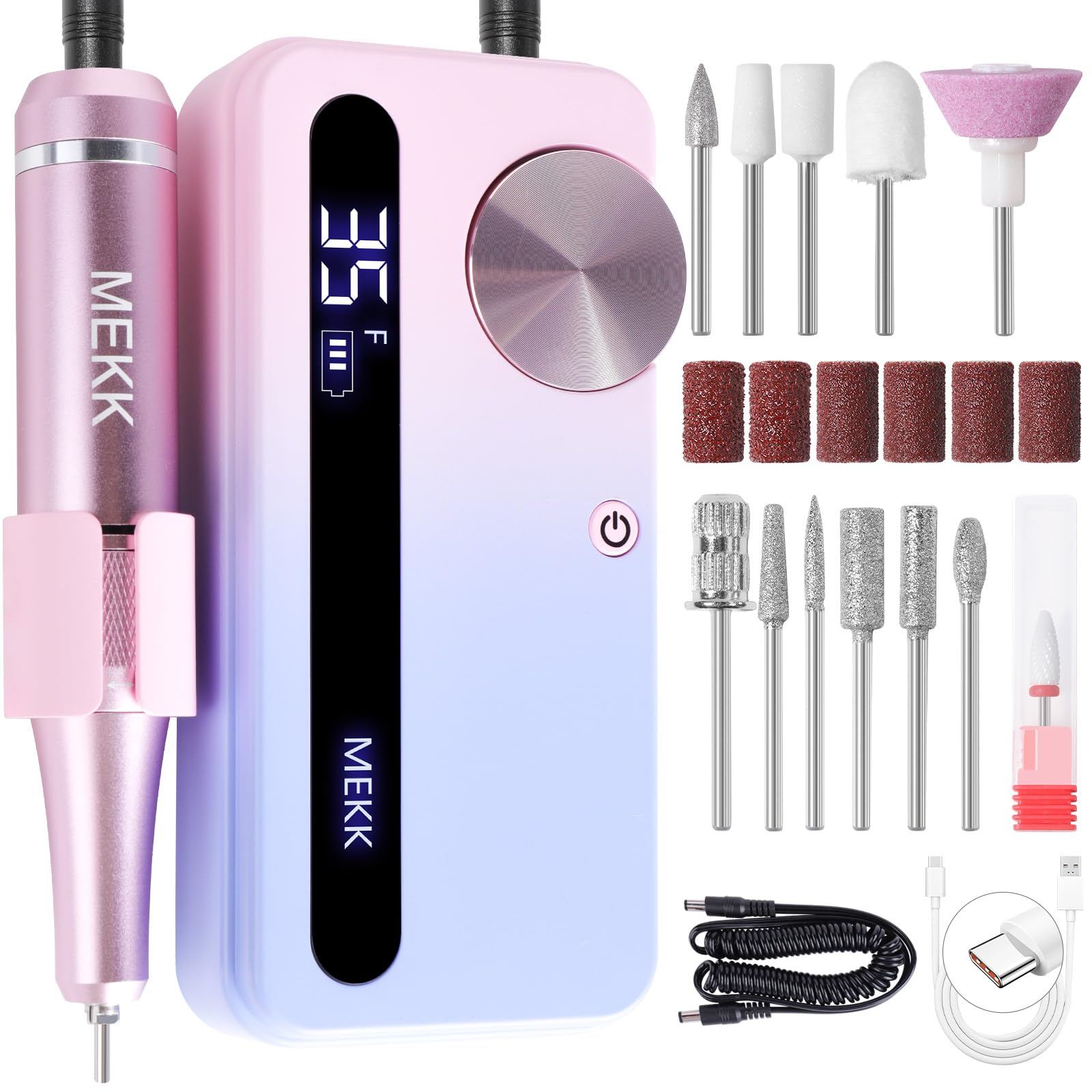 MEKK nail filer front view highlights compact design for easy home use and storage.