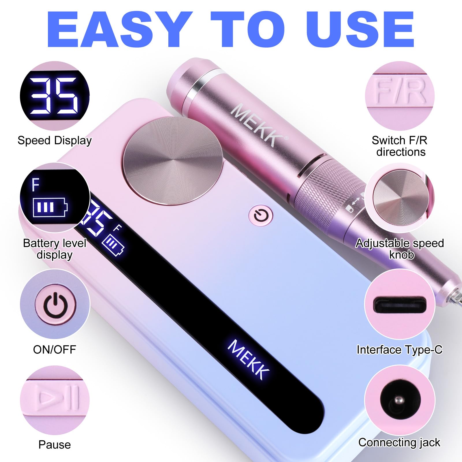 MEKK nail filer quiet low-heat motor supports comfortable, distraction-free sessions.