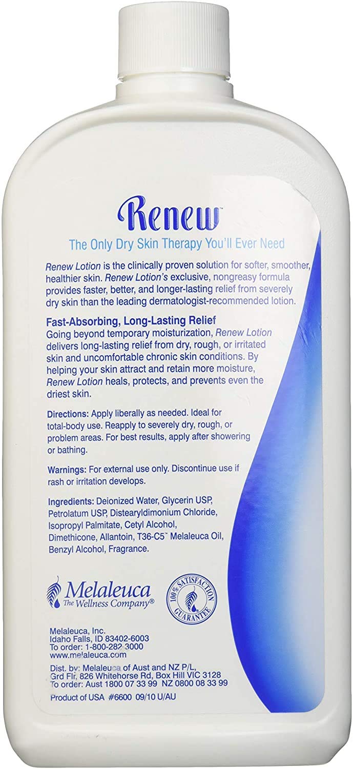 Melaleuca Renew Intensive Skin Therapy Lotion bottle back highlights ingredients and skin soothing benefits.