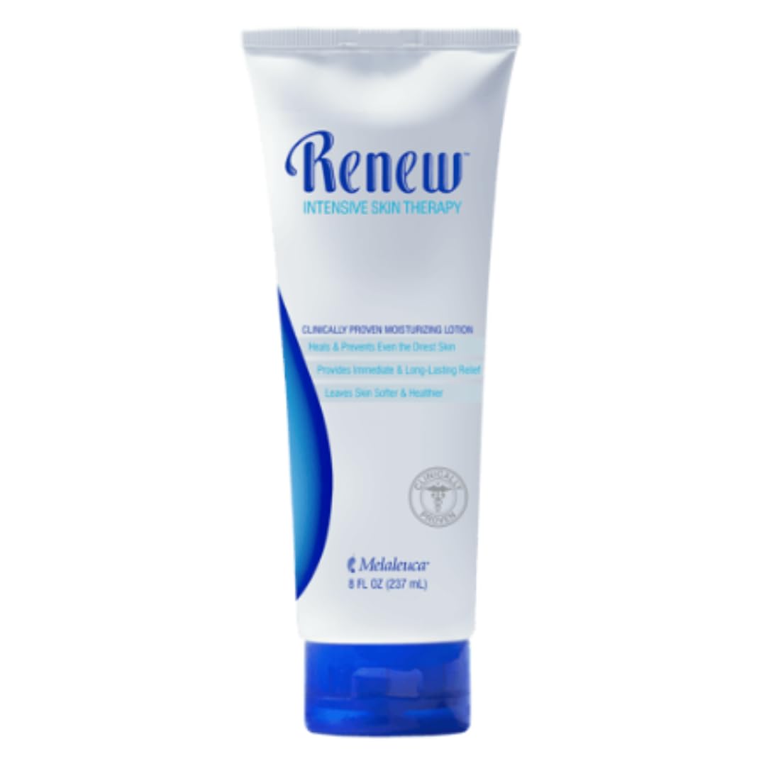 Melaleuca Renew Intensive Skin Therapy lotion bottle demonstrates skin hydration and soothing relief.