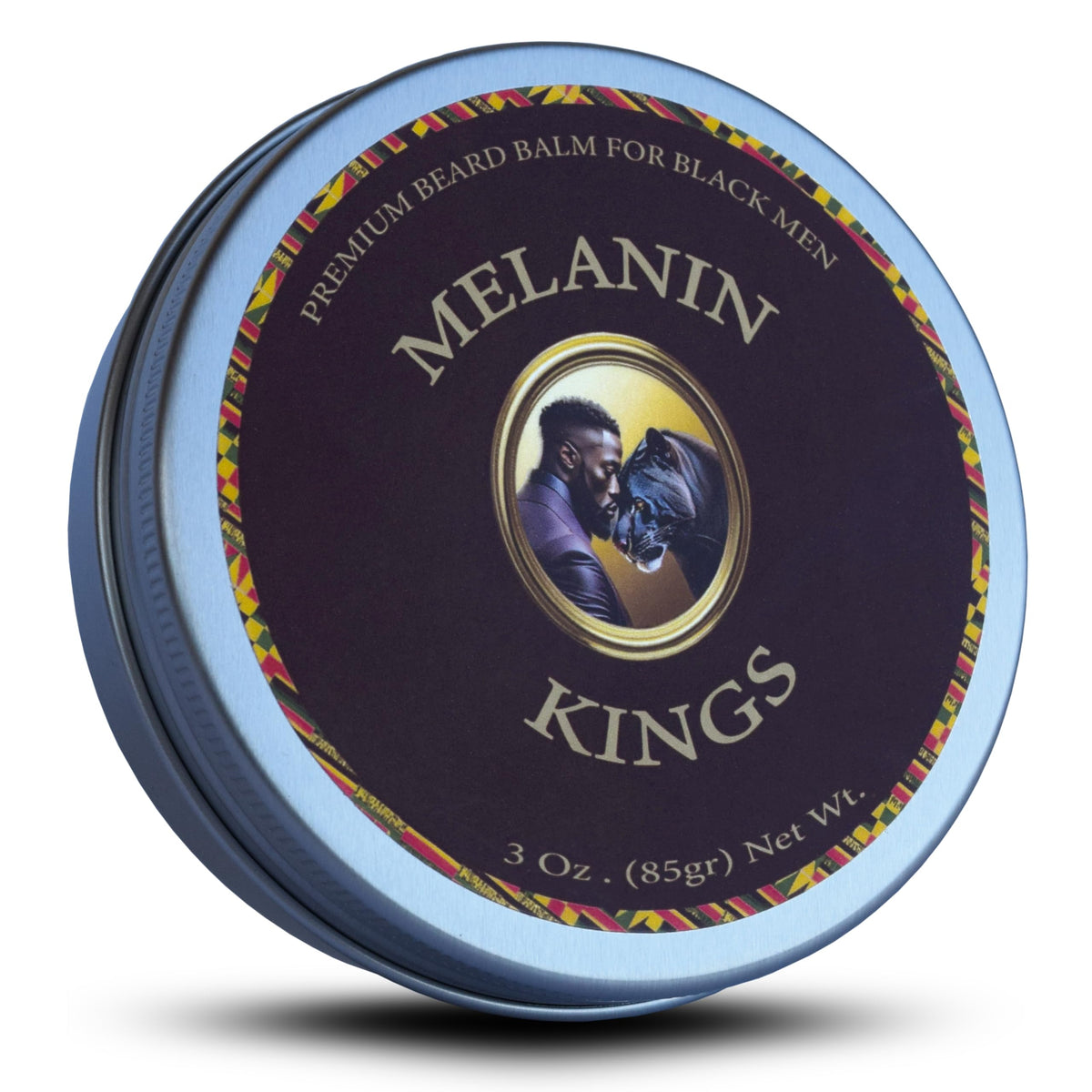 Melanin Kings Beard Balm jar close-up showing rich texture for daily nourishment and styling.