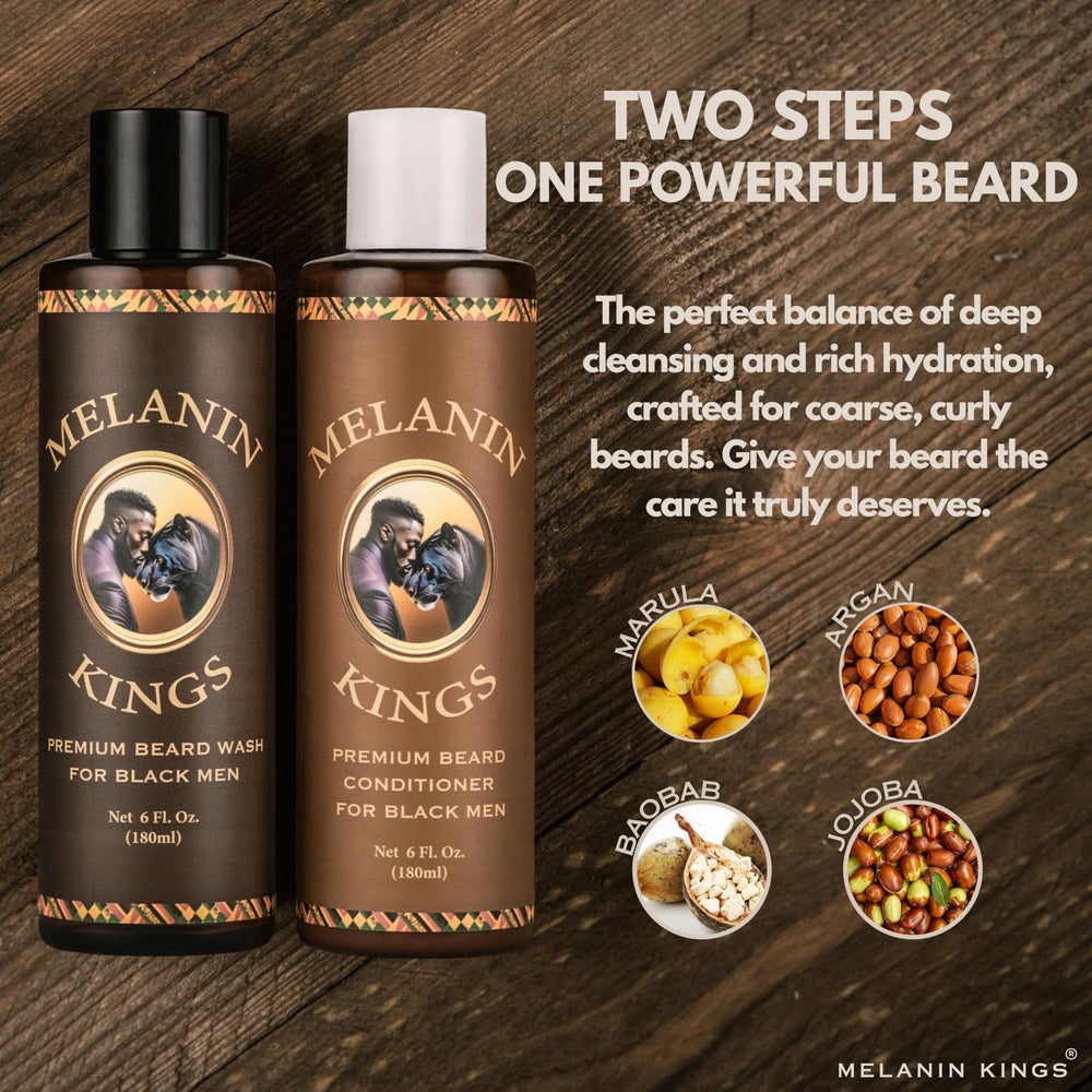 Melanin Kings beard conditioner application shows smooth, manageable strands.