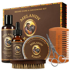 Melanin Kings beard grooming kit box display—premium packaging ideal for gifts and first impressions.