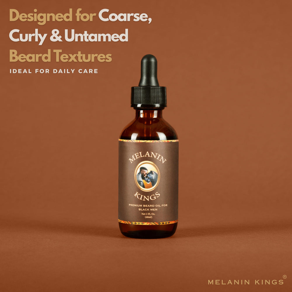 Melanin Kings beard oil Argan oil drop captures conditioning and growth support.