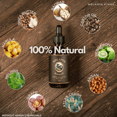 Melanin Kings beard oil Baobab oil scene emphasizes natural hydration and sheen.