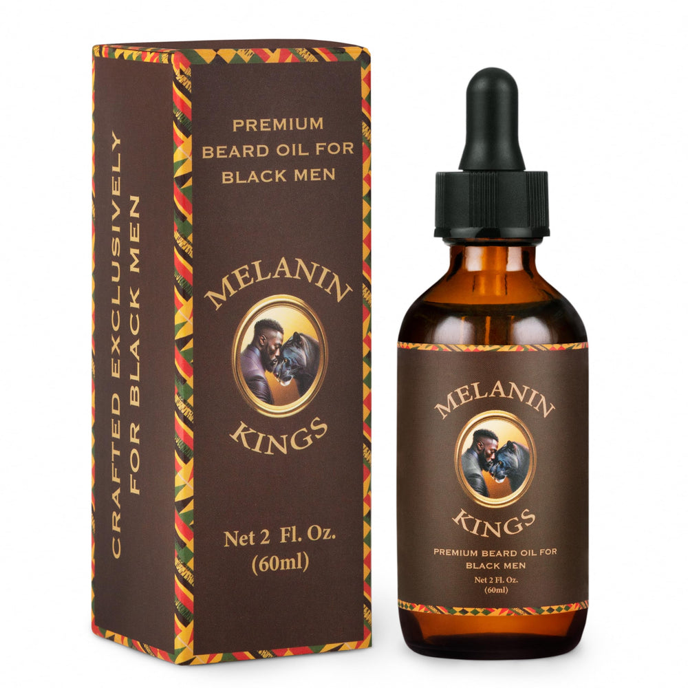Melanin Kings beard oil bottle pour showcases smooth daily grooming capability.