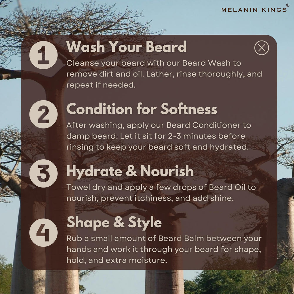 Melanin Kings beard oil routine-application demonstrates simple daily grooming step.