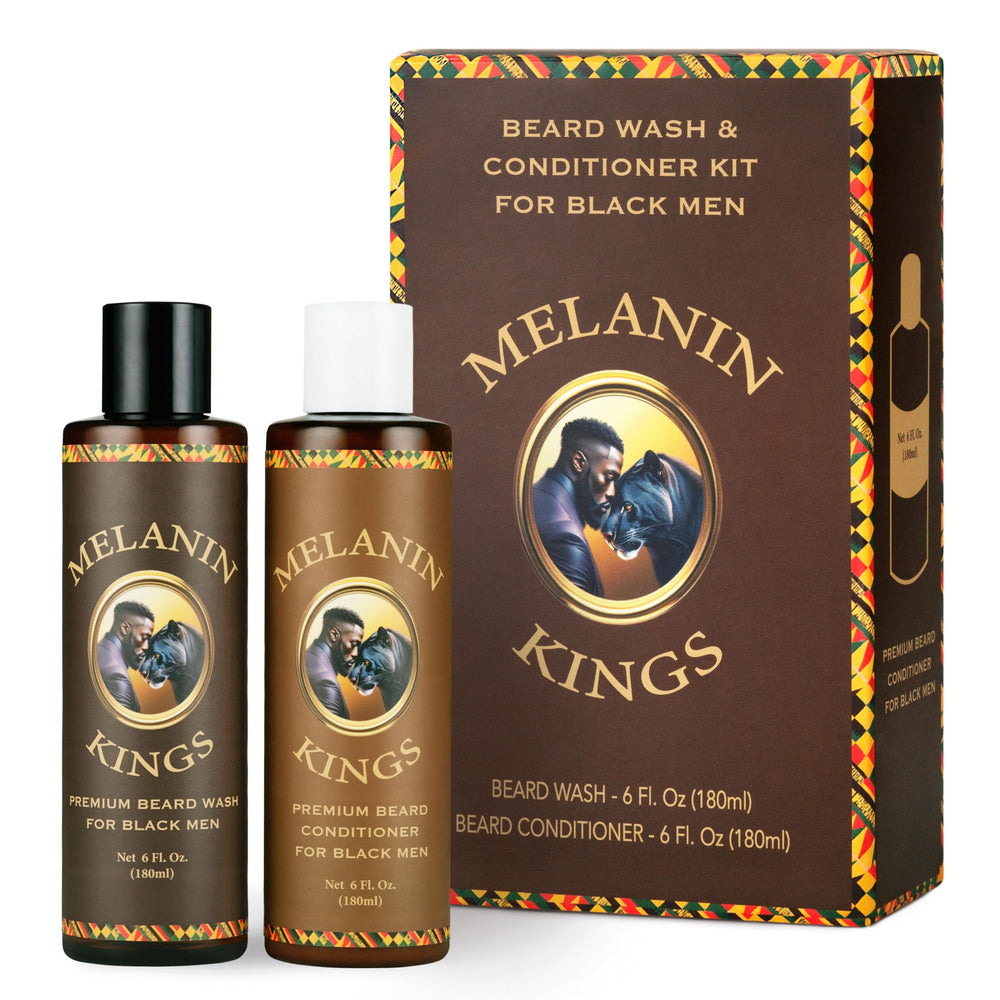 Melanin Kings beard wash bottle demonstrates gentle cleansing for coarse beards.