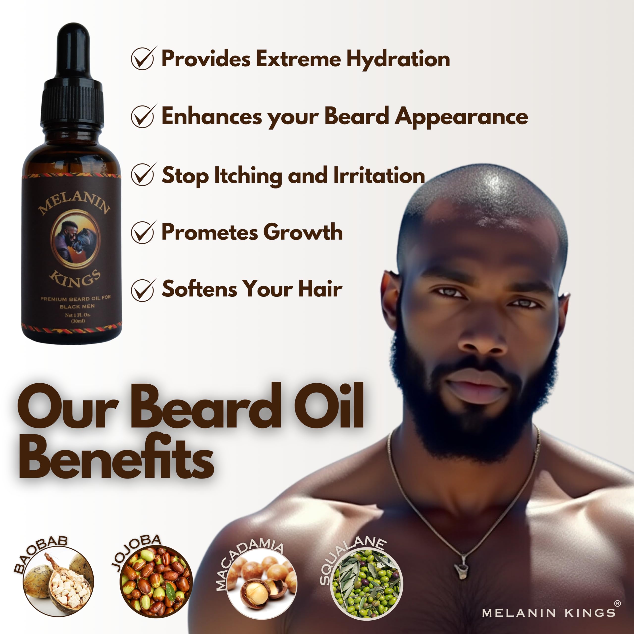 Melanin Kings beard wash bottle—gentle cleansing to hydrate skin and soften coarse beard hair.
