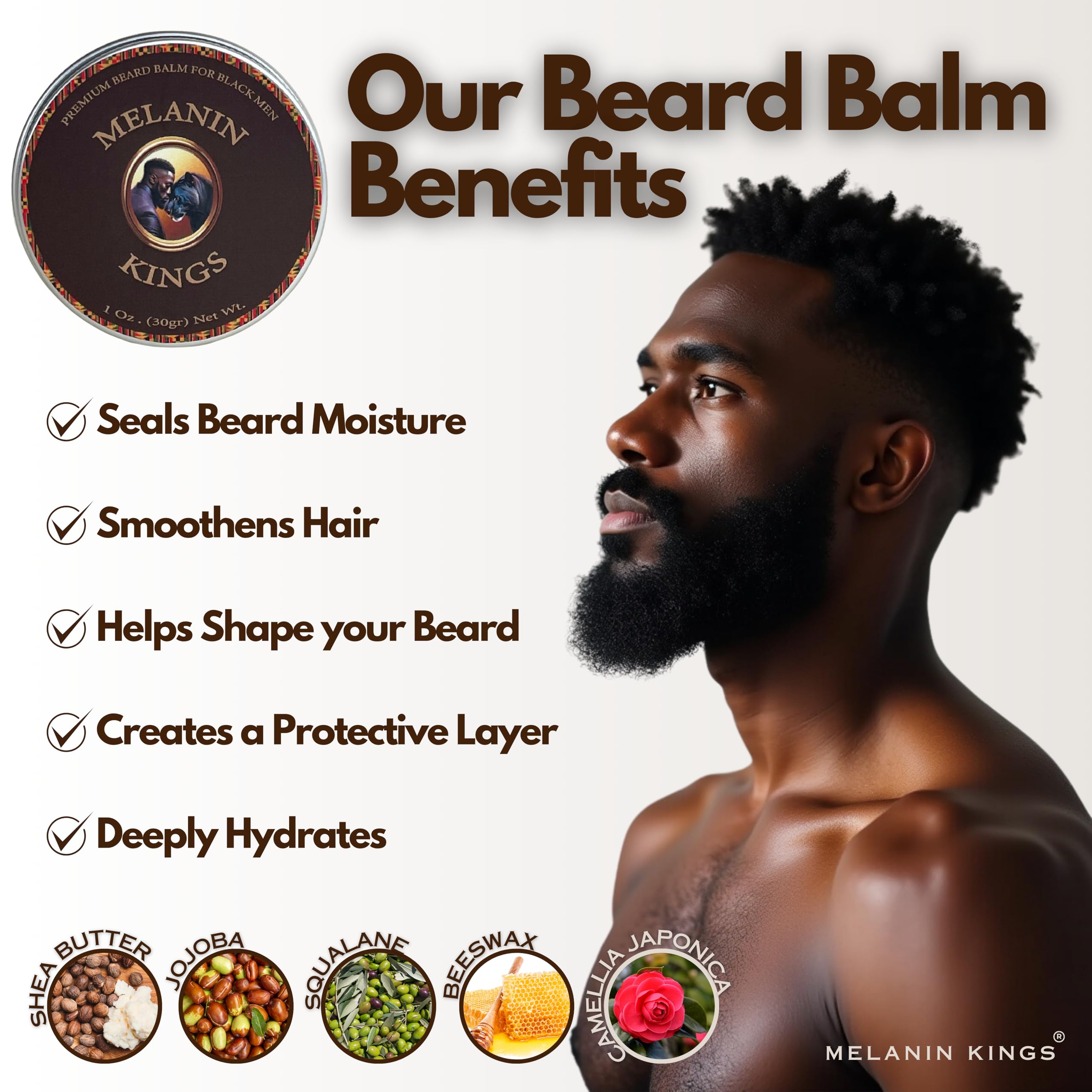 Melanin Kings wooden beard brush—detangling and smoothing with natural bristles.