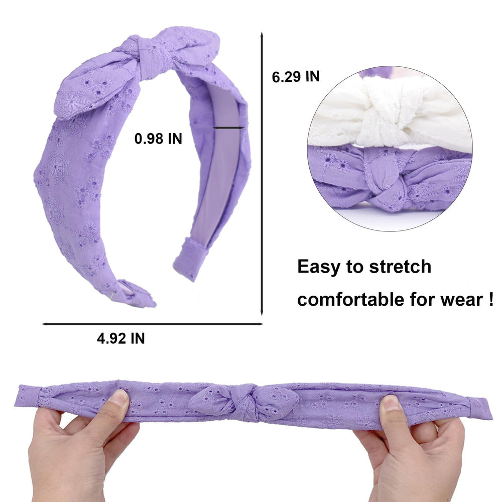 Melbelia bow headband knot white front view with delicate embroidery