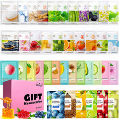 Meleell 40-pack face masks with assorted fruit-and-vegetable formulas for hydration.