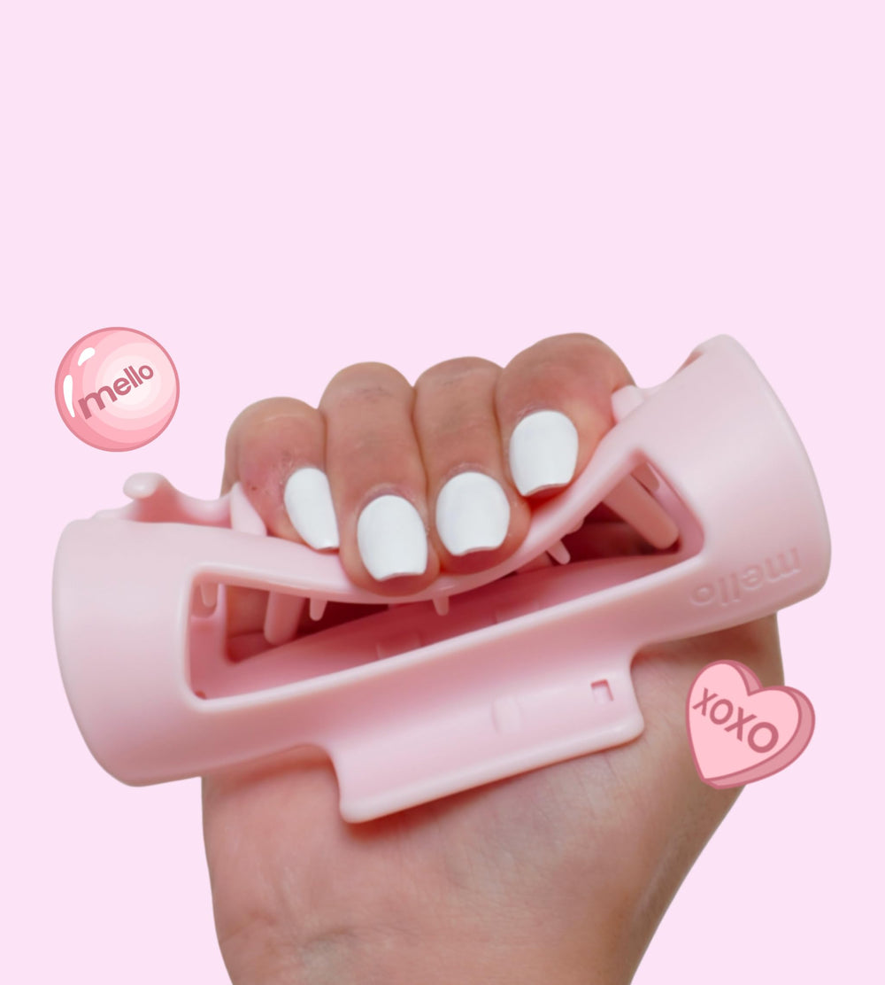 Mello claw clip pink worn on head showing ergonomic support and all-day comfort.
