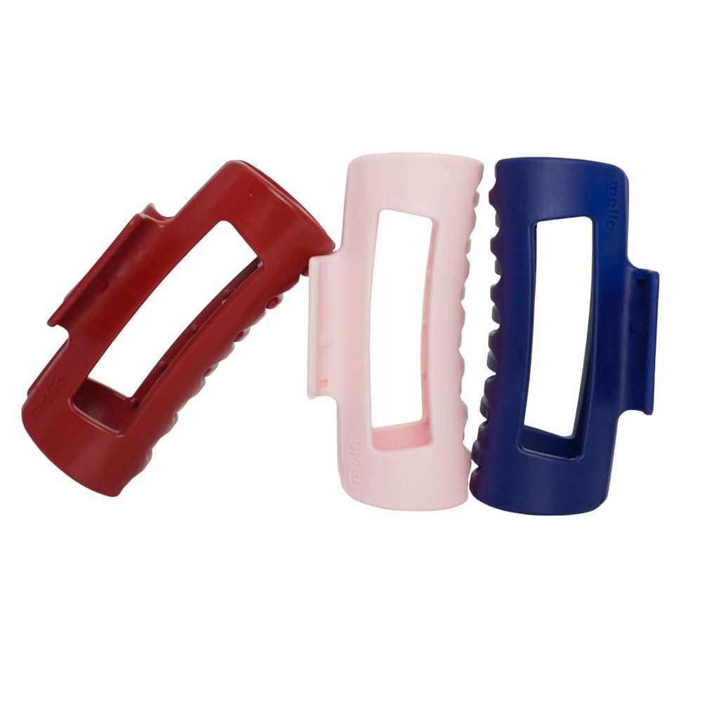 Mello Original claw clip pink pack showing flexible grip for all-day wear