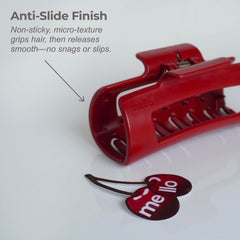 MELLO Original Claw Clip red worn for all-day comfortable styling.